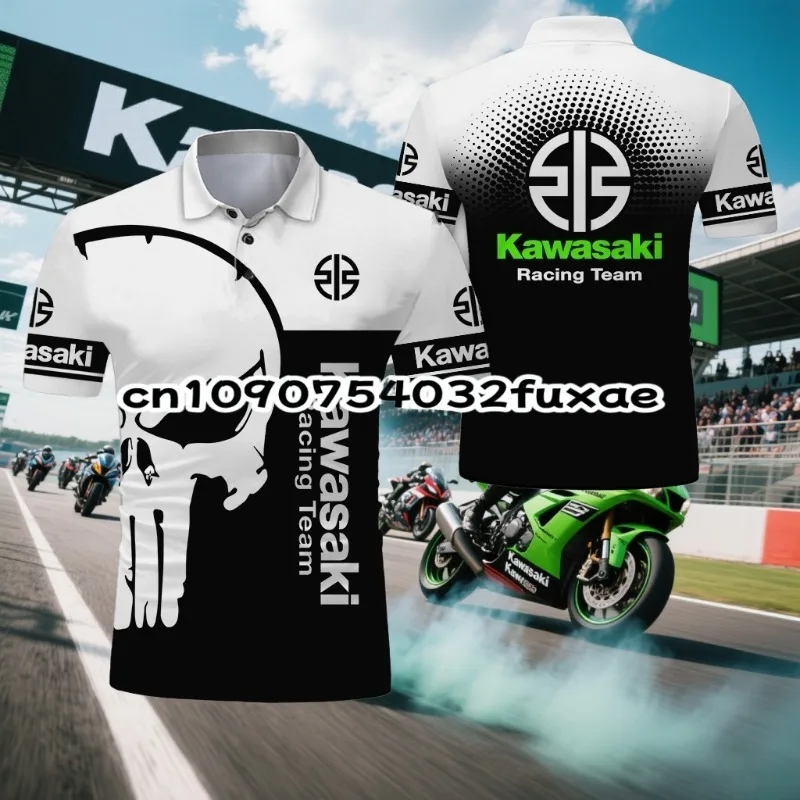 

Kawasaki Motorcycle 2026, летняя мужская новая рубашка-поло с 3D принтом, мужская уличная повседневная спортивная мода на пуговицах, топ-поло унисекс