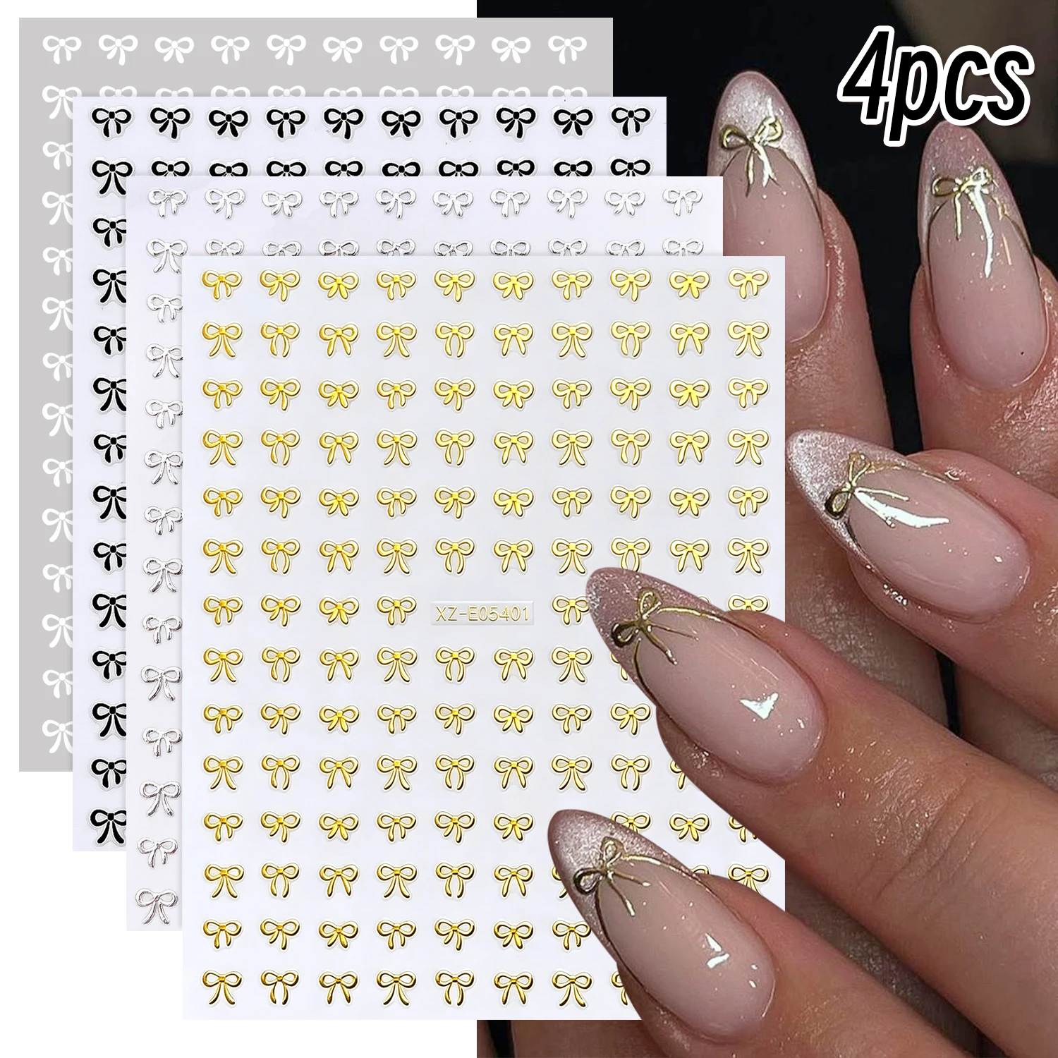 4Pcs/set Halloween&Christmas Metallic Bow Nail Stickers Golden&Silvery&Black Chic Bow Decal Adhesive French Bowknot Nail Slider
