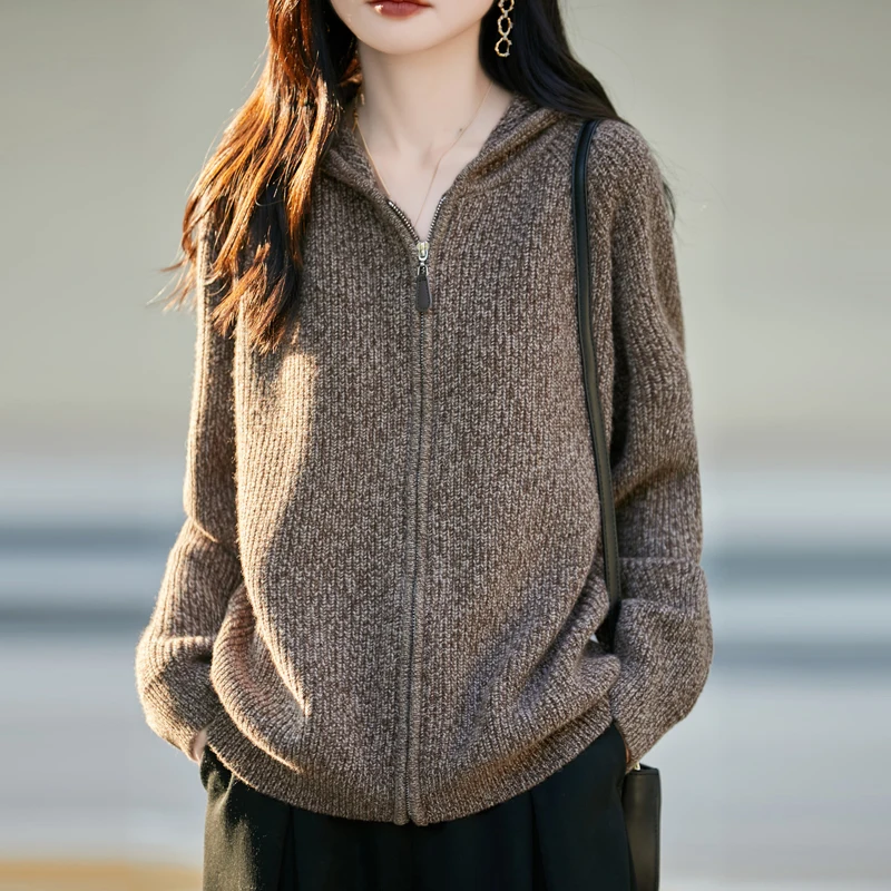 

Knitted Hoodie Sweater 100% Merino Wool Zippered Cardigan Women Long Sleeve Knitwear Basic Elegant Warm Clothing Tops