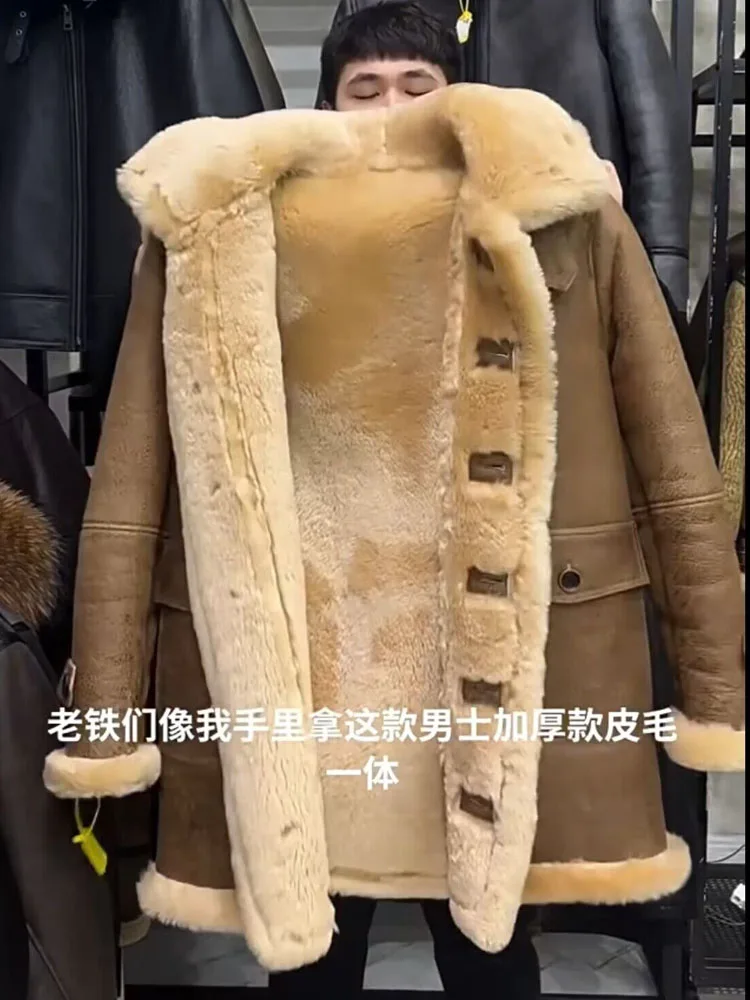 2024 Men\'s Winter Overcoat Genuine Sheepskin Shearling Leather Long Jacket for Male witth a Hood Thick Wool Liner Oversize 62 64