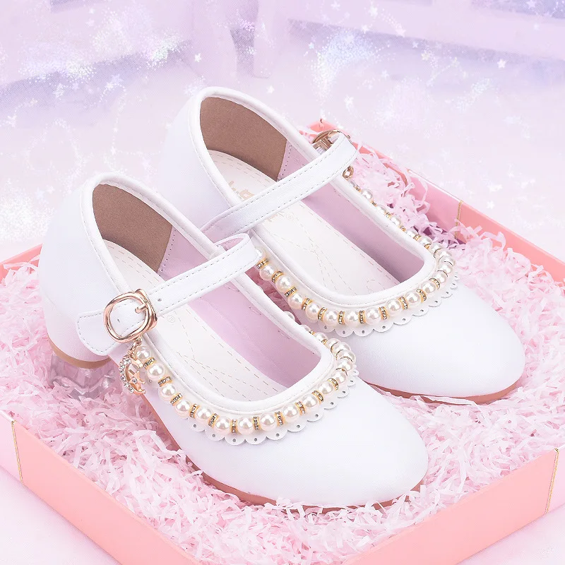 White girls' high-heeled children's leather shoes with beads and rhinestones