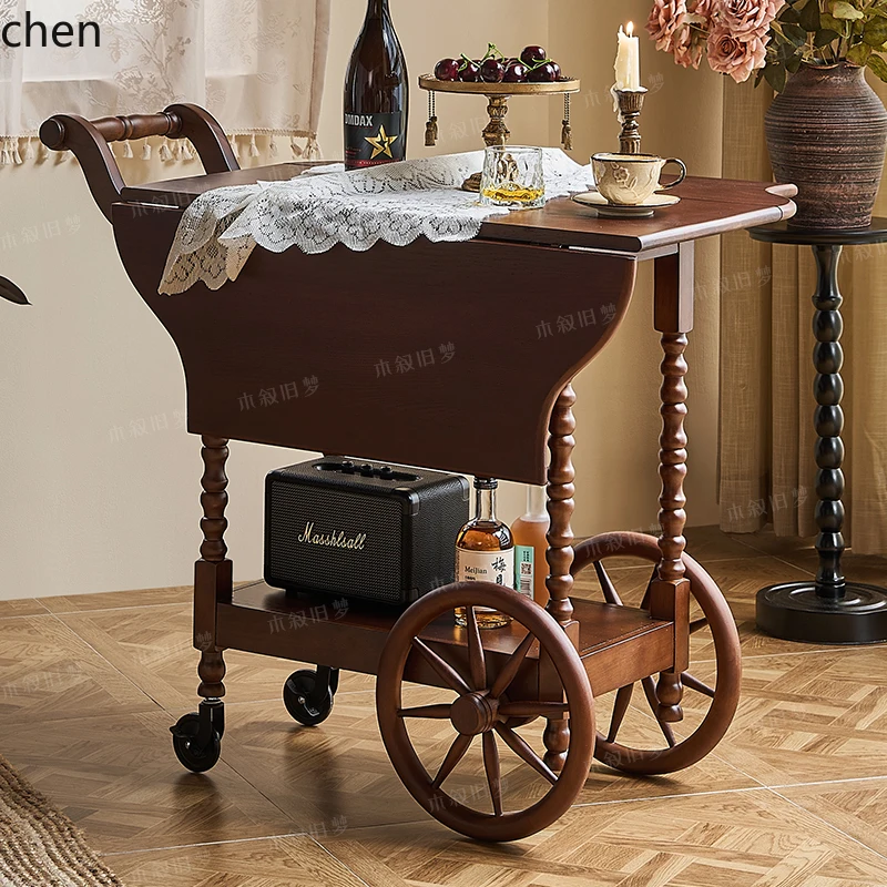 

YXY Solid Wood Vintage Dining Cart Solid Wood Hand-Pushed Movable Dining Cart Mid-Century Style Homestay Dining Cart