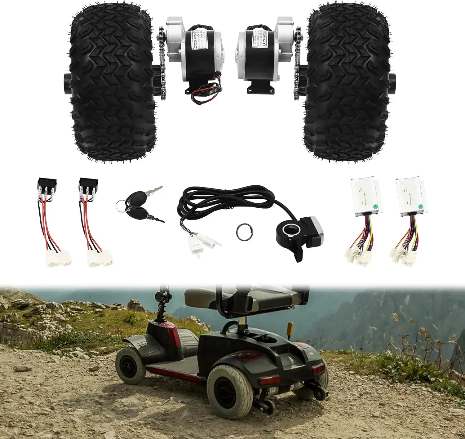 24V 250W Elektrischer Schubkarren-Umbausatz, 10 Zoll Motorantrieb Luftrad Doppelrad-Set mit Daumengashebel für Go-Karts