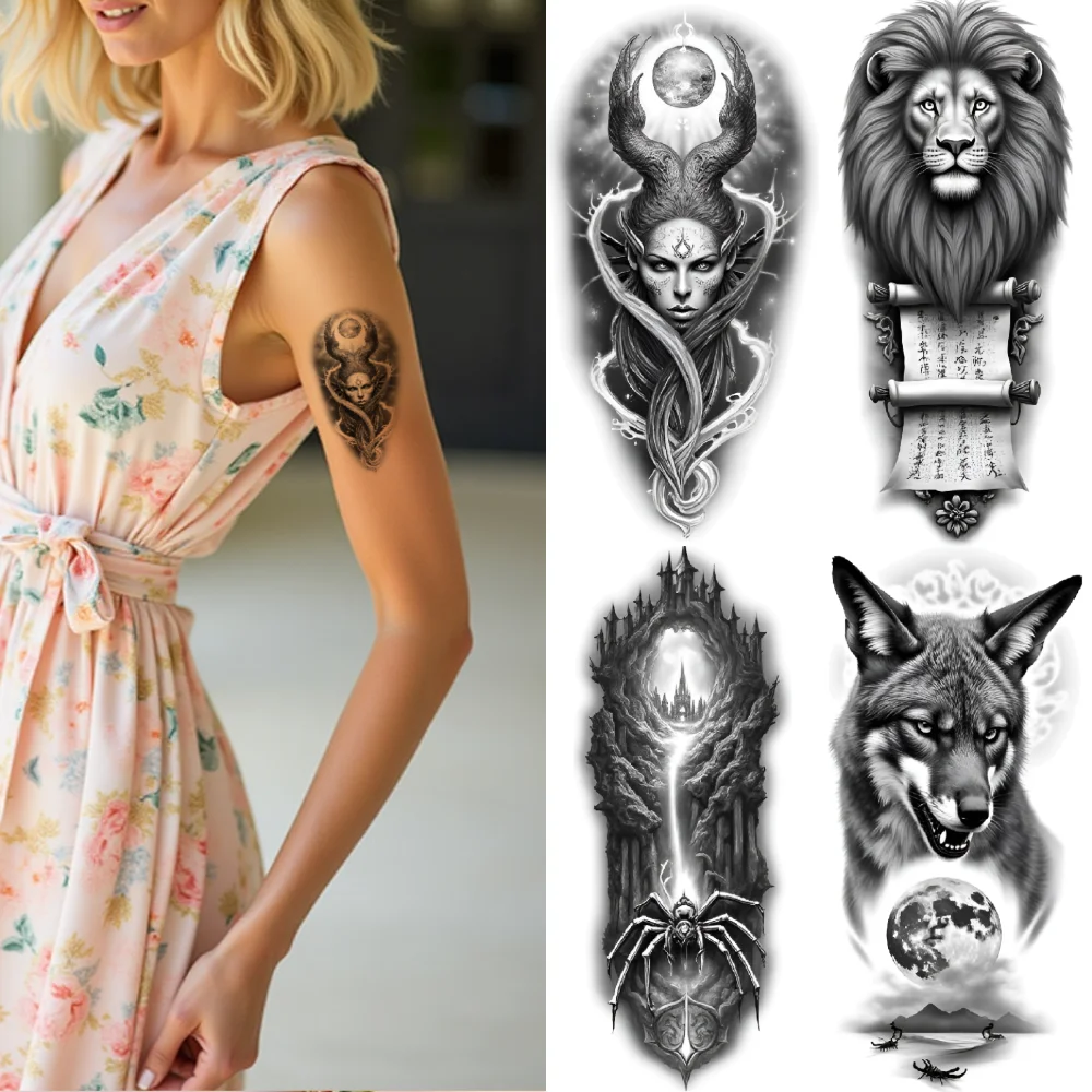 

12 шт., временные татуировки Дракона, водонепроницаемые долговечные наклейки на тело, лев, женщина со звездами, черный и серый, реализм, леопард для