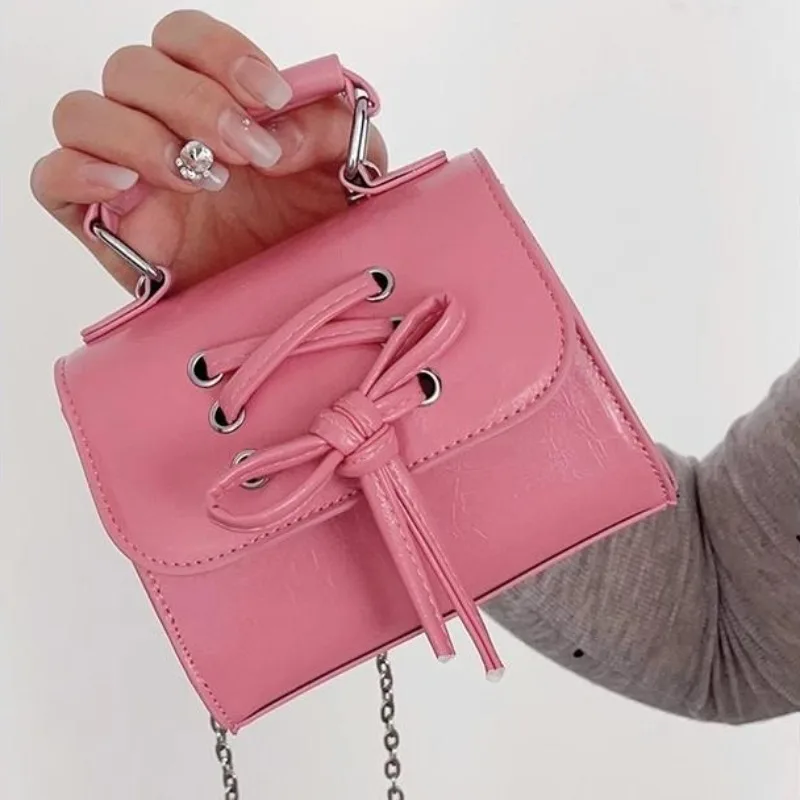 Xiuya Small Pink Womens Shoulder Bag Chains Designer Fashion Korean Popular Handbag Casual Bow Sweet Cute New Female Coin Purse