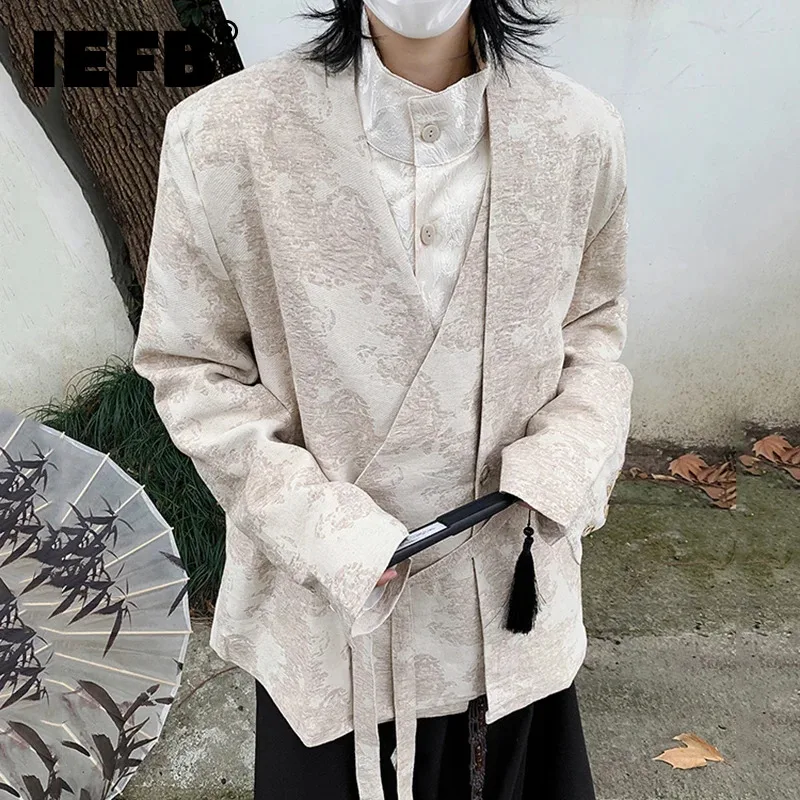 

IEFB 2024 New Men's Suit Coat Chinese Style Jacquard Fake Two-piece Design Stand Collar Lace-up Casual Versatile Blazer 9C5870