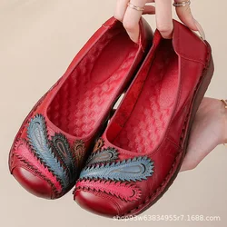 Red Moccasins Handmade Sewing Retro Shoes For Women 2023 Ethinic Flower Loafers Genuine Leather Women Shoes