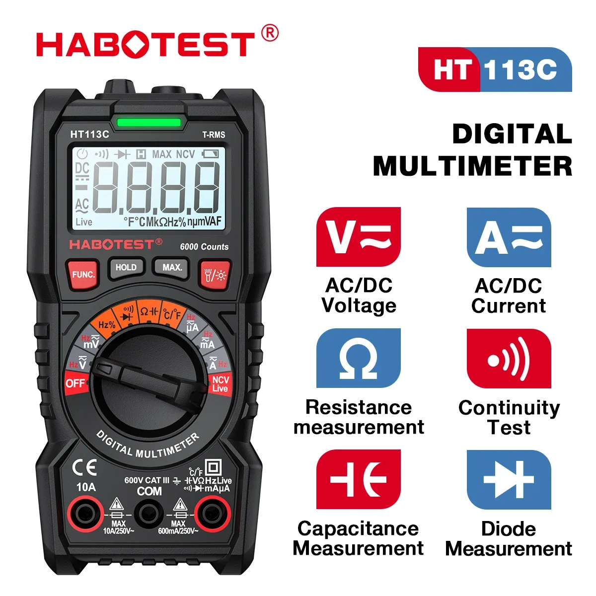 

HABOTEST HT113 Digital Multimeter True-RMS AC/DC Voltmeter Ammeter DMM Resistance Ohm Capacitance Hz Temperature Tester