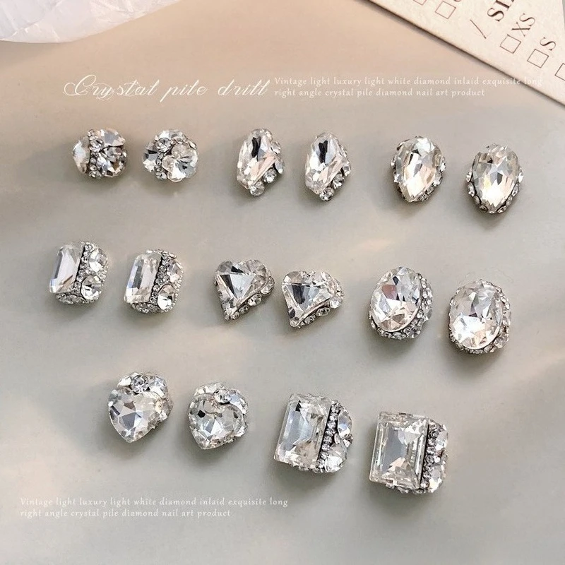2Pcs Clear Handmade Stack Nail Charms, shiny fully encrusted large square beads for premium elegant DIY manicure decoration