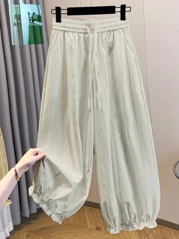 White Quick-Dry Lantern Pants Women's Summer Thin New Elastic Waist Drawstring Straight Flower Bud Pants Nine Points Pants