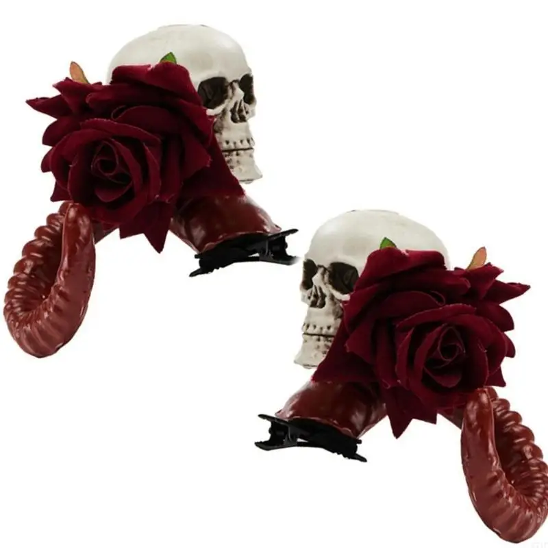 

C71F Devil Horn Hair Barrettes Halloween Party Costume Headpiece Skull Rose Side Clip Masquerades Party Hair Styling Clip