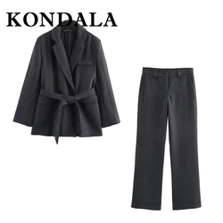 KONDALA Chic Vintage Black Blended Women Suit Slim Belt Turn-down Collar Women Blazer Straight Zipper Pants Office Lady Set