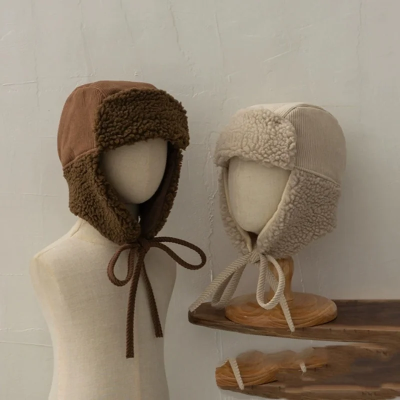 2026 New Winter Children Plus Velvet Hats Windproof Warm Corduroy Cap Boys Girls Baby Fleece Thicken Ear Protection Hat Outdoor