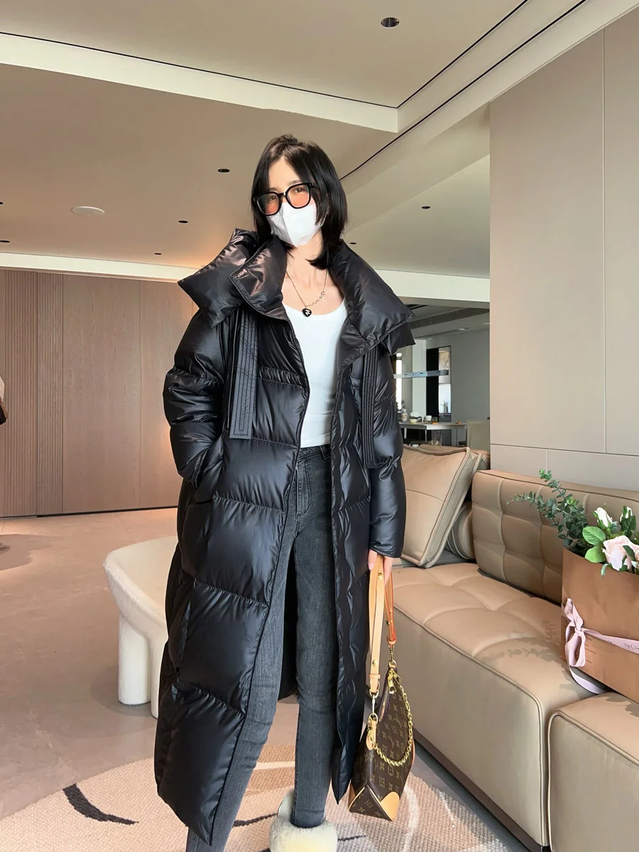 

Korean Sle Loose Fit Goose down Jaet Women's Long over Knee Hooded Padded Coat Double Sa Warm Ci Casual Outerwear