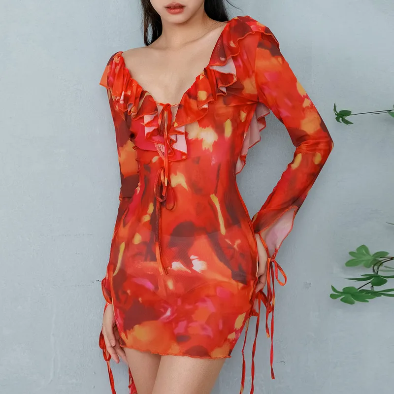 WPNAKS Women Tie-Dye Ruffles Bodycon Dress Spring Summer Clothes See Through Long Sleeve Tie-Up Deep V-Neck Backless Mini Dress