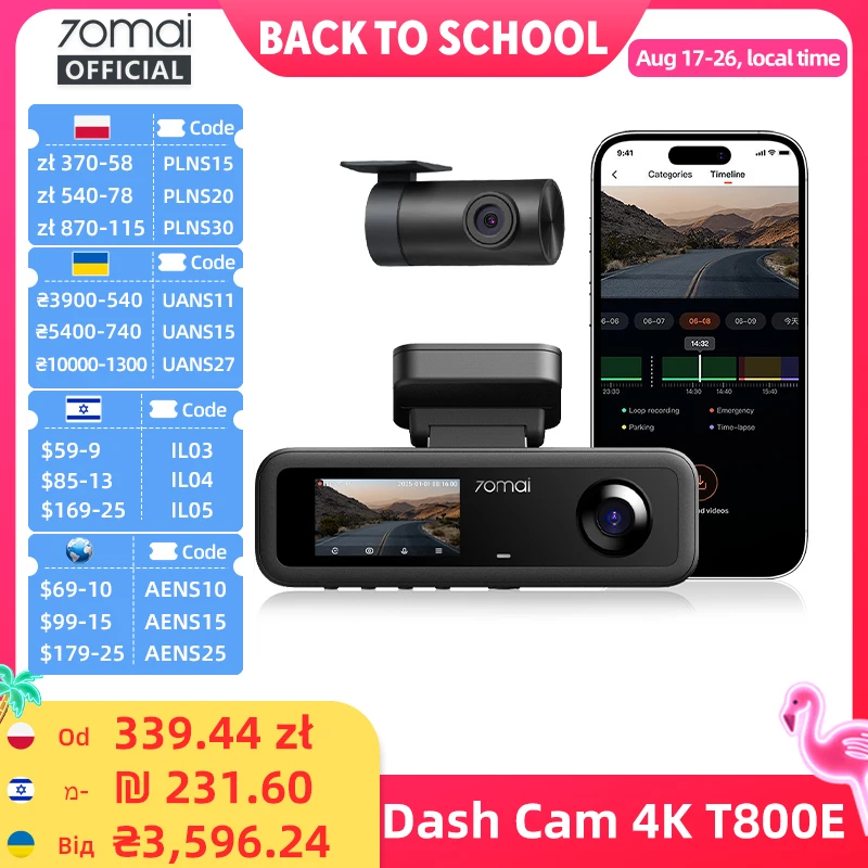 70mai 3-Kanal Dashcam T800E 4K HDR F1.55 Blende Superkondensator Sprachsteuerung GPS Auto-DVR 70mai T800E WiFi 6 5GHz