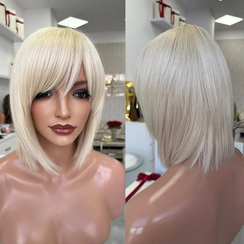 

Bangs Cut Bob Wig Platinum Icy Blonde Lace Frontal Wig for Women 12" 180 Density Virgin Human Hair Silky Straight Wig HD Lace