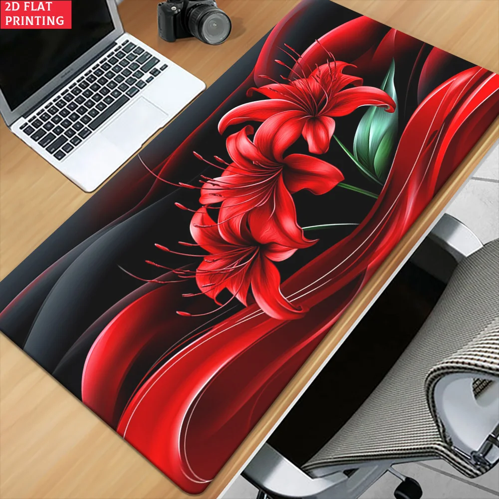 [Brand] Iron Art XXL Mouse Pad Red Floral 2D Flat Non-Slip Rubber Base Large Gaming Office Desk Mat Multi Functional Decor