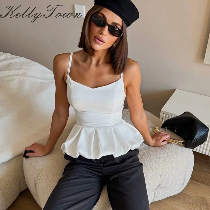White Spaghetti Strap Vest  Satin Black Sleeveless Tops Female 2026 Spring Summer Ruffled Hem Elegant Camisole Lady Dating Club