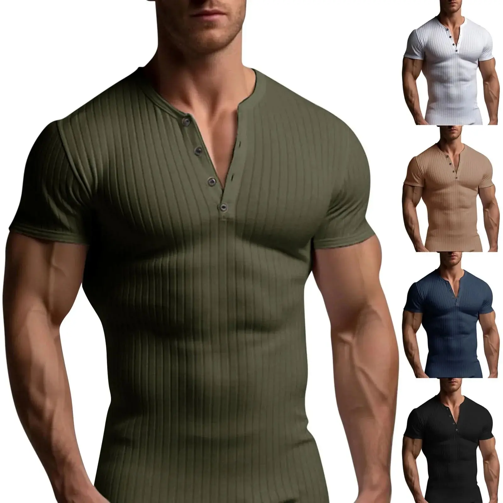 Men's Threaded T-Shirt Summer Running Sports Fitness Clothes Ultra Slim Fit Nine Sleeve Length Henry Collar Youth Fashion