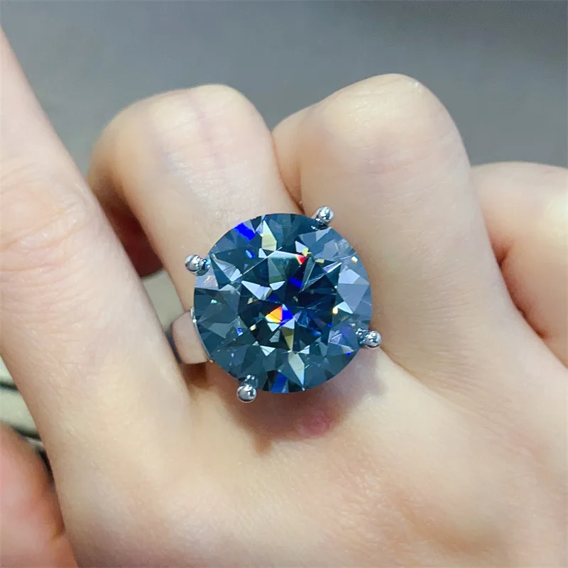 20 Carat Blue Black Moissanite Rings High End s925 Silver Big Moissanita Lab Diamond Gemstone Ring Plate 18k White Gold Jewelry