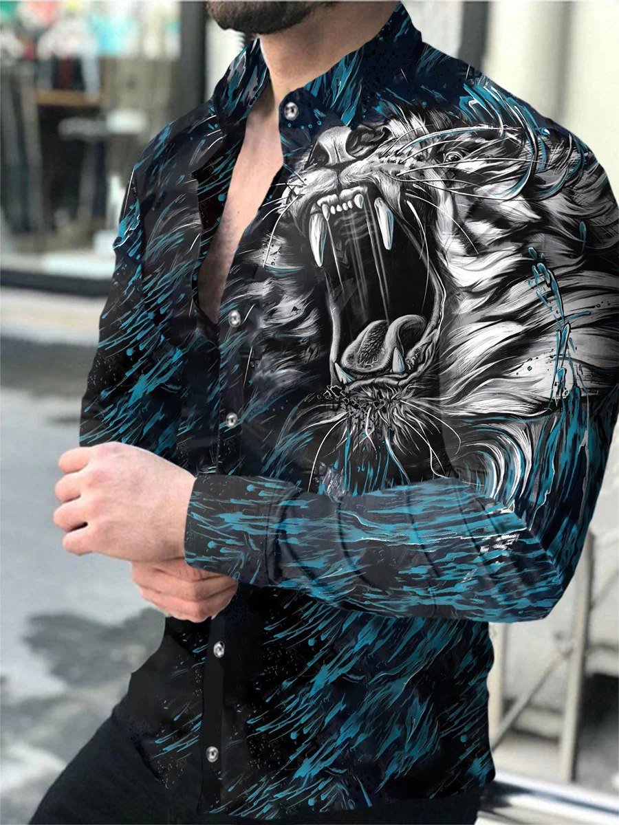 2023 Men's Shirts Long Sleeve 3D Animal Lapel Button Summer Clothes For Men Up Top Prom Birthday Fashion Boyfriend Shirts S-4XL