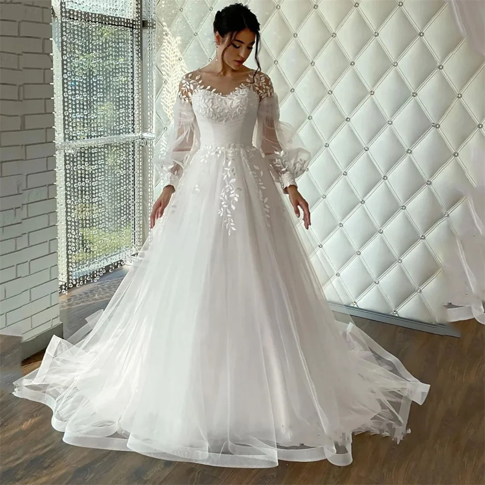 Darla-Robe de Mariée à Col Rond et Manches sulfpour Femme, Élégante, avec Appliques en Dentelle, Ligne A, Quelle que soit la Traîne de Balayage