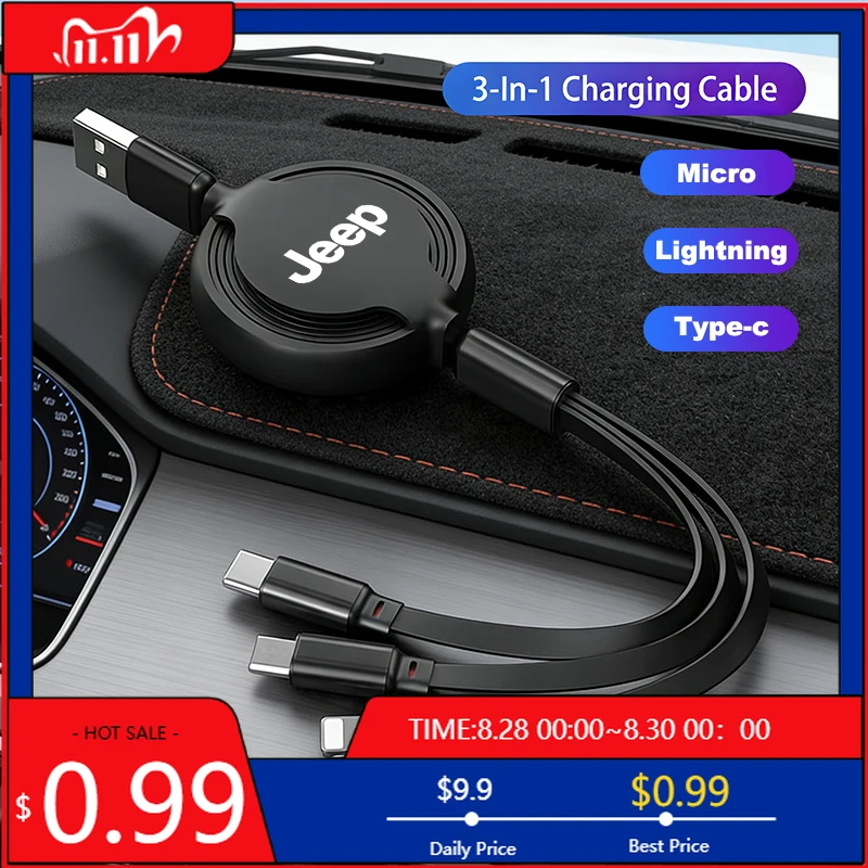 

Cup Holders Car Fast Charging 3 In 1 Stretch Data Cable Apple Android Charger For Jeep Grand Cherokee Wrangler JK Gladiator Comp