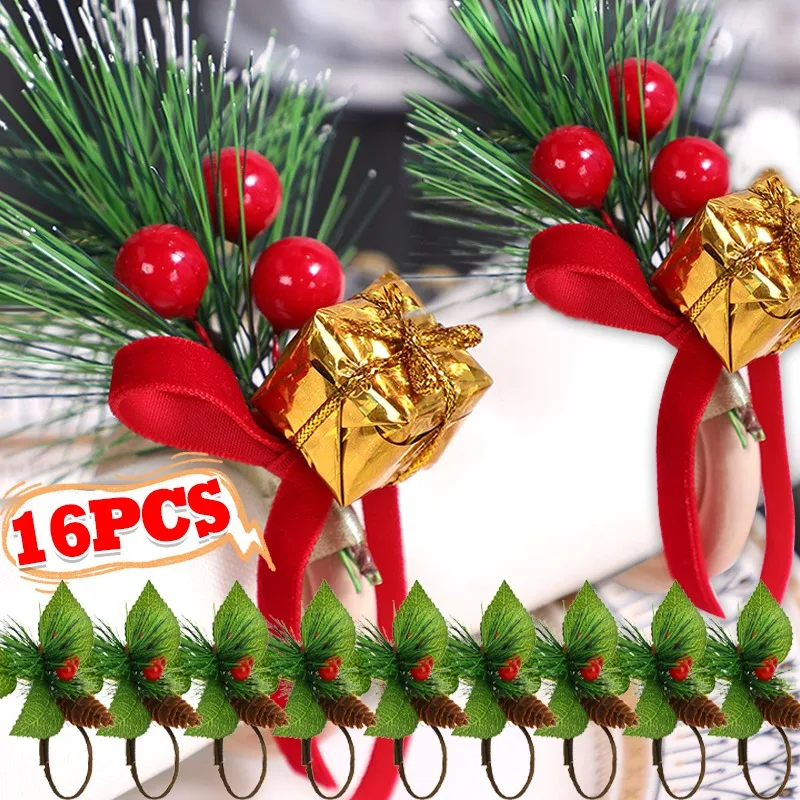 

1/16 шт., рождественские кольца для салфеток, бант, ягода, сосновая игла, рождественский держатель для салфеток, застежки, рождественские подарки, принадлежности для украшения стола для вечеринки