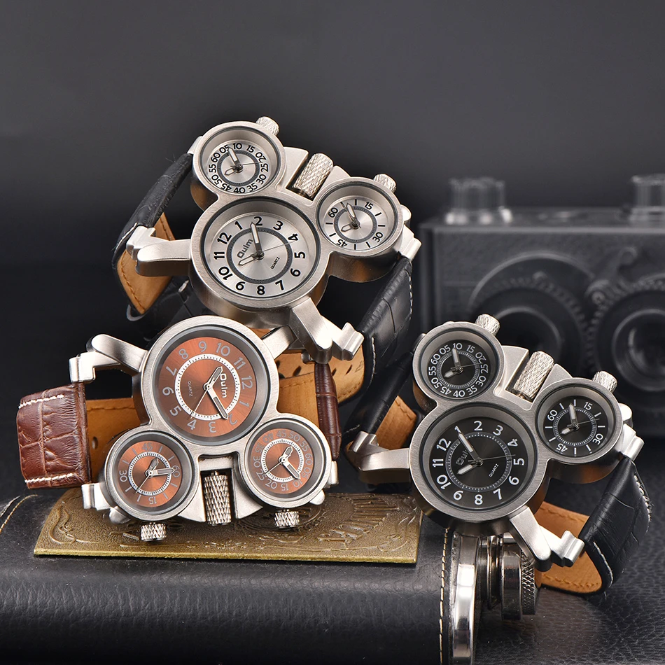 OULM Vintage 3 Time Zone Unique Wristwatch Big Dial Casual Men Leather Strap Quartz Watch