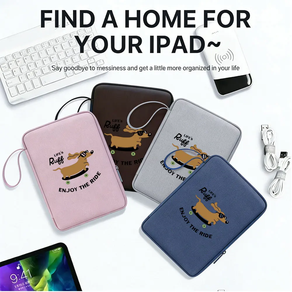 Skateboard Dachshund Print Tablet Sleeve, Wrist Strap Anti-Scratch Shockproof Bag, Fits 10.9/12.9 Inch iPad for Commute & Study