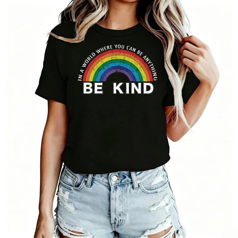 Be Kind Rainbow Women's T-Shirt 100% Cotton Funny Graphic Short Sleeve Tee Novelty Shirt Casual Crew Neck Top S-5Xl