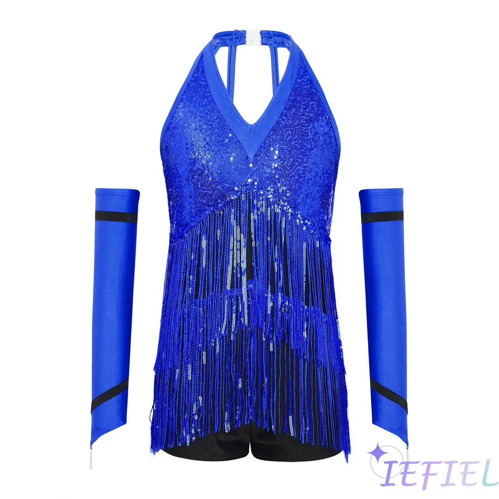 

Kids Girls Hip Hop Latin Jazz Stage Dance Costume Halter Sleeveless Strappy Back Shiny Sequins Color Block Leotard with Gloves