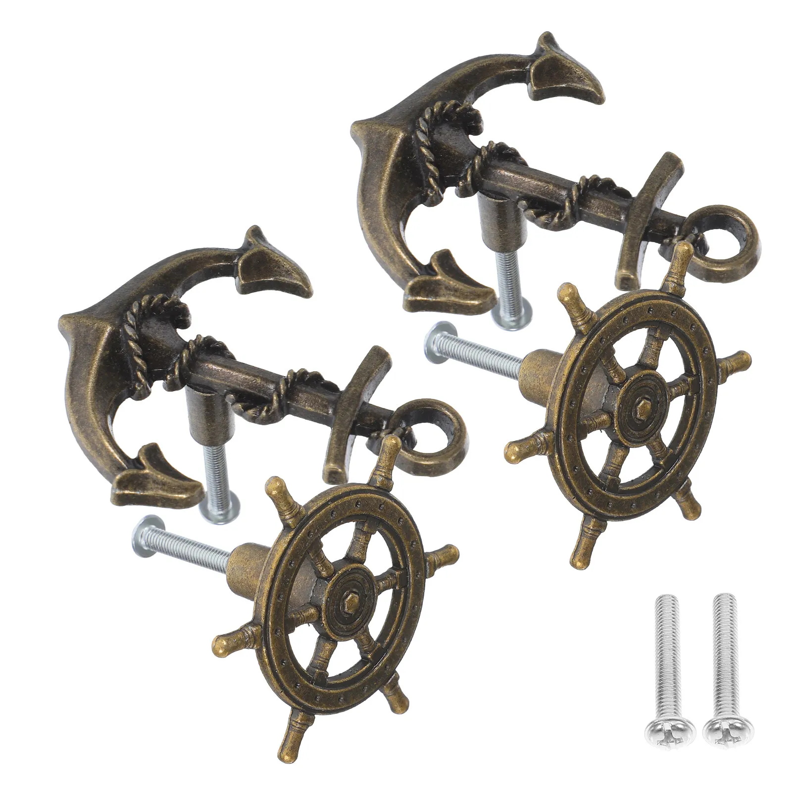 4pcs Retro Cabinet Handles Vintage Ship Wheel And Anchor Shaped Drawer Pulls Decorative Furniture Knobs Dresser Wardrobe Closet