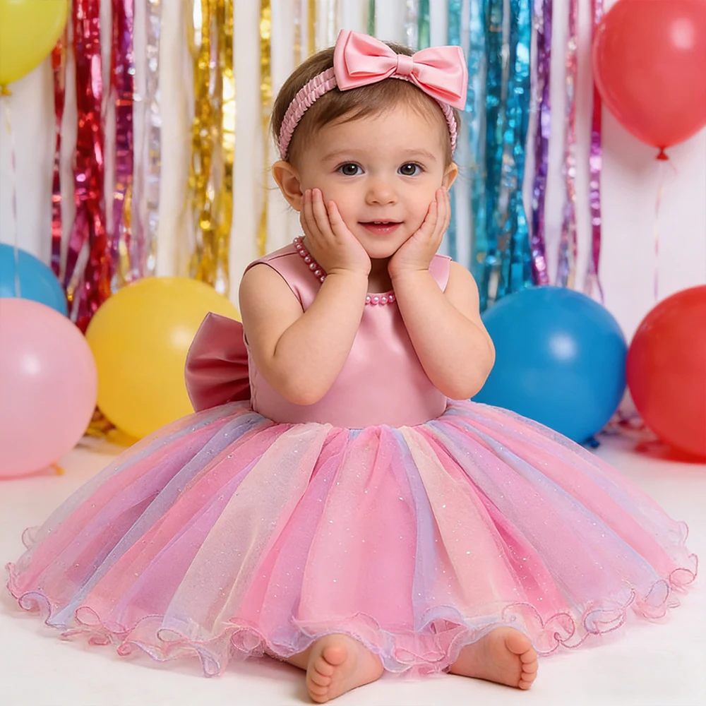 Baby Girl Dress Colorful Princess Dress For 1st Birthday Girls Party Dresses Toddler Bowknot Puffy Dress Kids Carnival Outfits