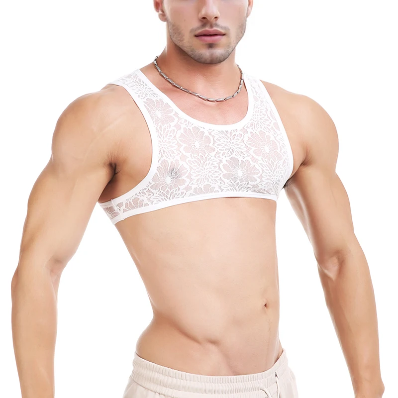 Sexy Spitze durchsichtige transparente Oberteile Männer Spielzeug Fetisch Sissy BDSM Erotische Kostüm Herren-BH Crop Tops Mini ärmellose Westen