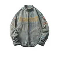 LAZADA American Retro Men's Denim Jacket Workwear Couple Commuting Weathered Badge Loose Fit Regular Length Chinese Origin