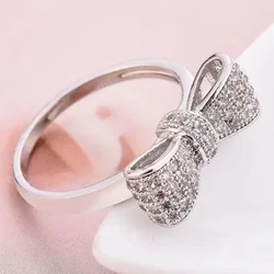 High Quality Temperament Zircon Crystal Bow Banquet Ring for Women Girl Engagement Party Rings Jewelry Accessories Size 6-10