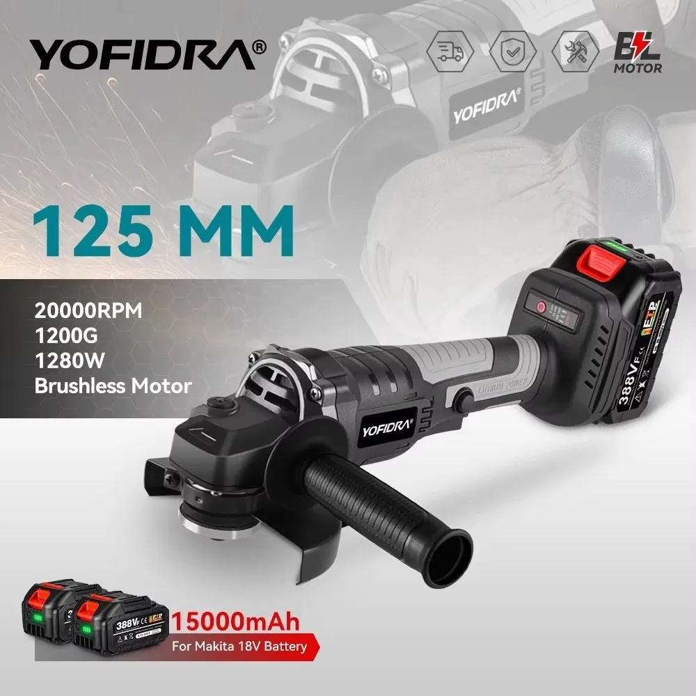 YOFIDRA 125mm Brushless Angle Grinder 3 Gears Cordless Efficient Wood Cutting Polishing Power Tool  For Makita 18V Battery