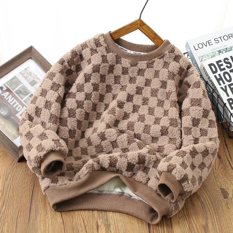 

Autumn and Winter Fleece Plaid Casual 3-12Y Children's Hoodies Long Sleeved Round Neck Boys Girls Sweatshirt