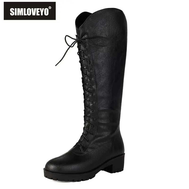 

SIMLOVEYO2025 Классические женские мотоциклетные ботинки с круглым носком на толстом каблуке 4,5 см, большие размеры 43 44 45 46 Ботильоны до колена на шнуровке
