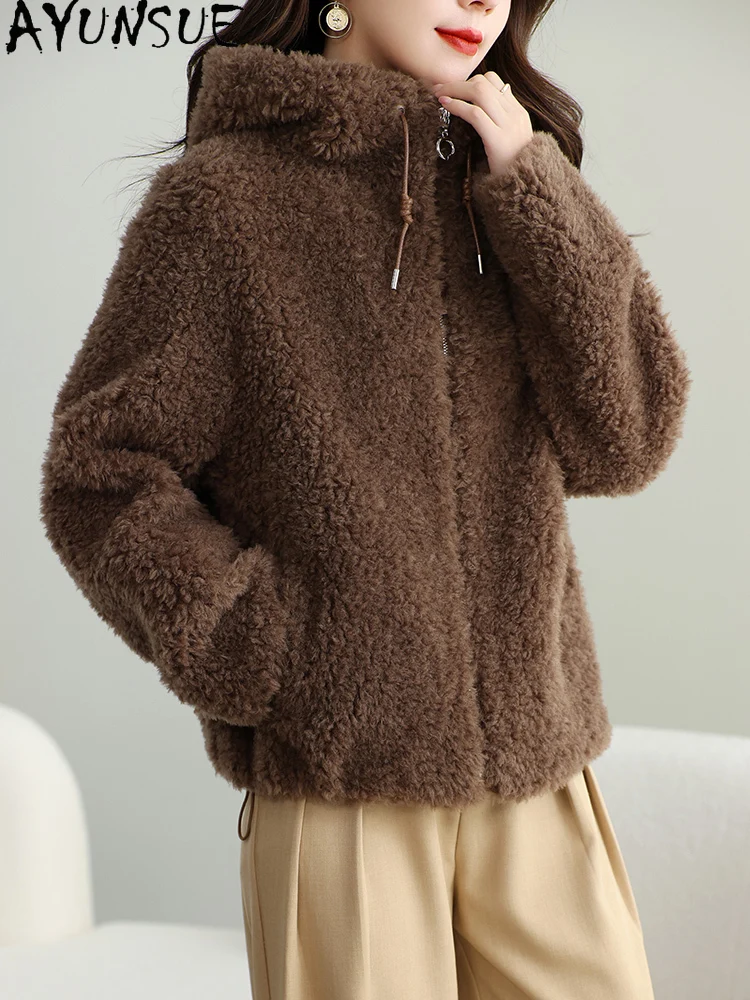 AYUNSUE Płaszcz damski ze 100% wełny, kurtka z kapturem z owczej wełny, jesienno-zimowe ubrania damskie, nowości w kategorii płaszczy, płaszcz damski z kompozytowego futra