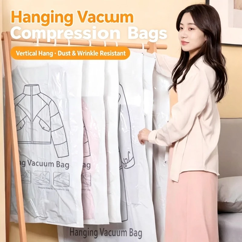 Hangable Transparent Vacuum Storage Bags Compressed Wardrobe Storage Organizer Bags For Clothing Coat Down Jackets Dust Cover