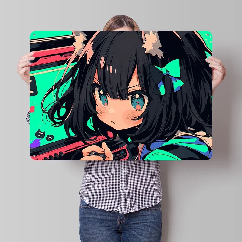 Anime Cat Girl Gamer 3D Texture Printed Poster Custom Vintage Metal Tin Plate Sign for Wall Art Home Decorations Funny Signs