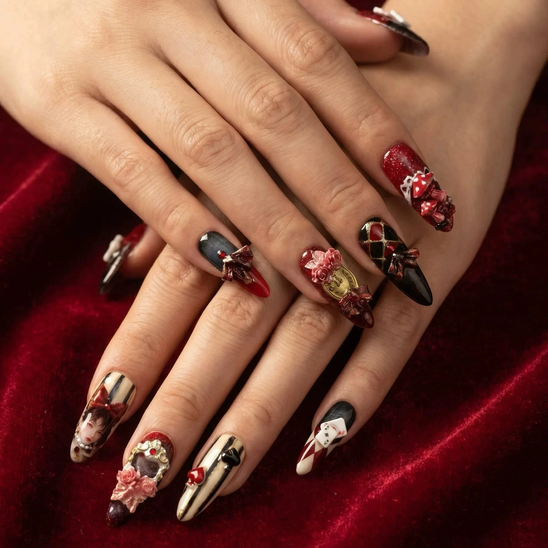 Alice Circus Fairy Tale Handmade Press On Nails 3D Mushroom Rose Bow Poker Stiletto False Nails Reusable Fake Nail Tips For Hall