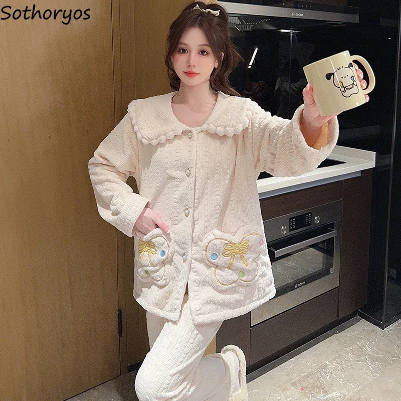 

Turn-down Collar Pajama Sets Women Jacquard Casual Loose Fit Young Gentle Stylish Comfortable Autumn Winter Outfits Pyjamas Ins