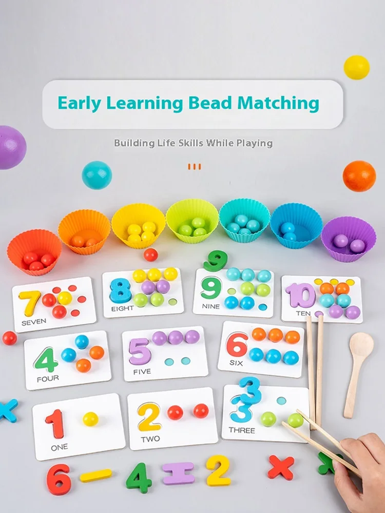 Drewniany zestaw Montessori do nauki arytmetyki z koralikami, pałeczkami, łyżeczką, zabawka edukacyjna do nauki matematyki dla dzieci, codzienna gra dopasowująca numery dla dzieci.