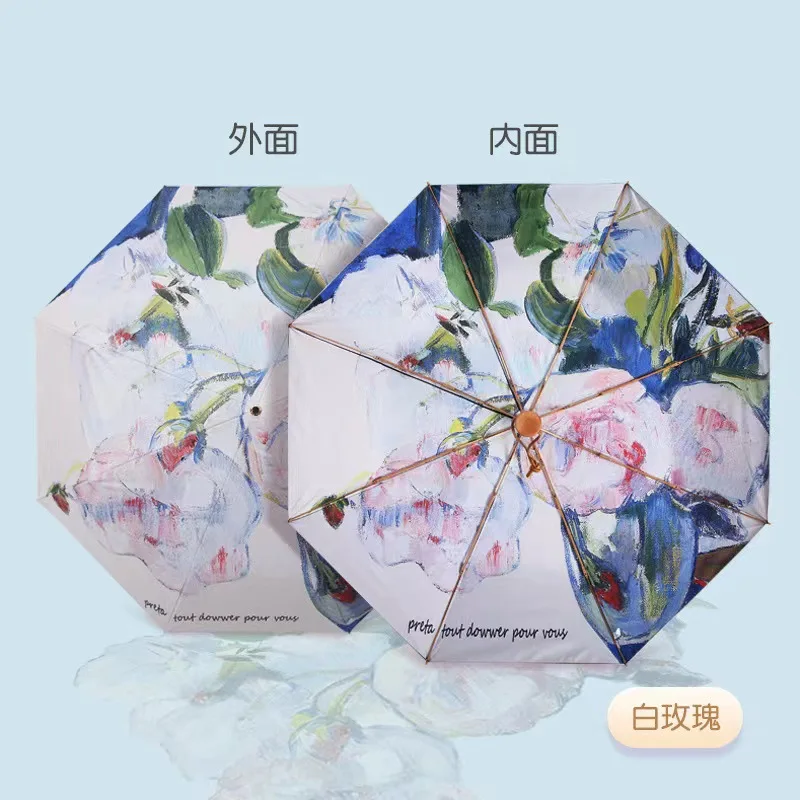 Double-sided Rubber Oil Painting Umbrella Three-fold Anti-ultraviolet Sun Umbrella Portable Dual-purpose Umbrella