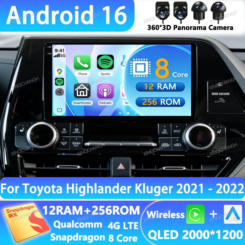 Android 16 Car Radio For Toyota Highlander Kluger 2021 2022 Multimedia Video Player Head Unit BT QLED 4G LTE 5G WIFI Navigation