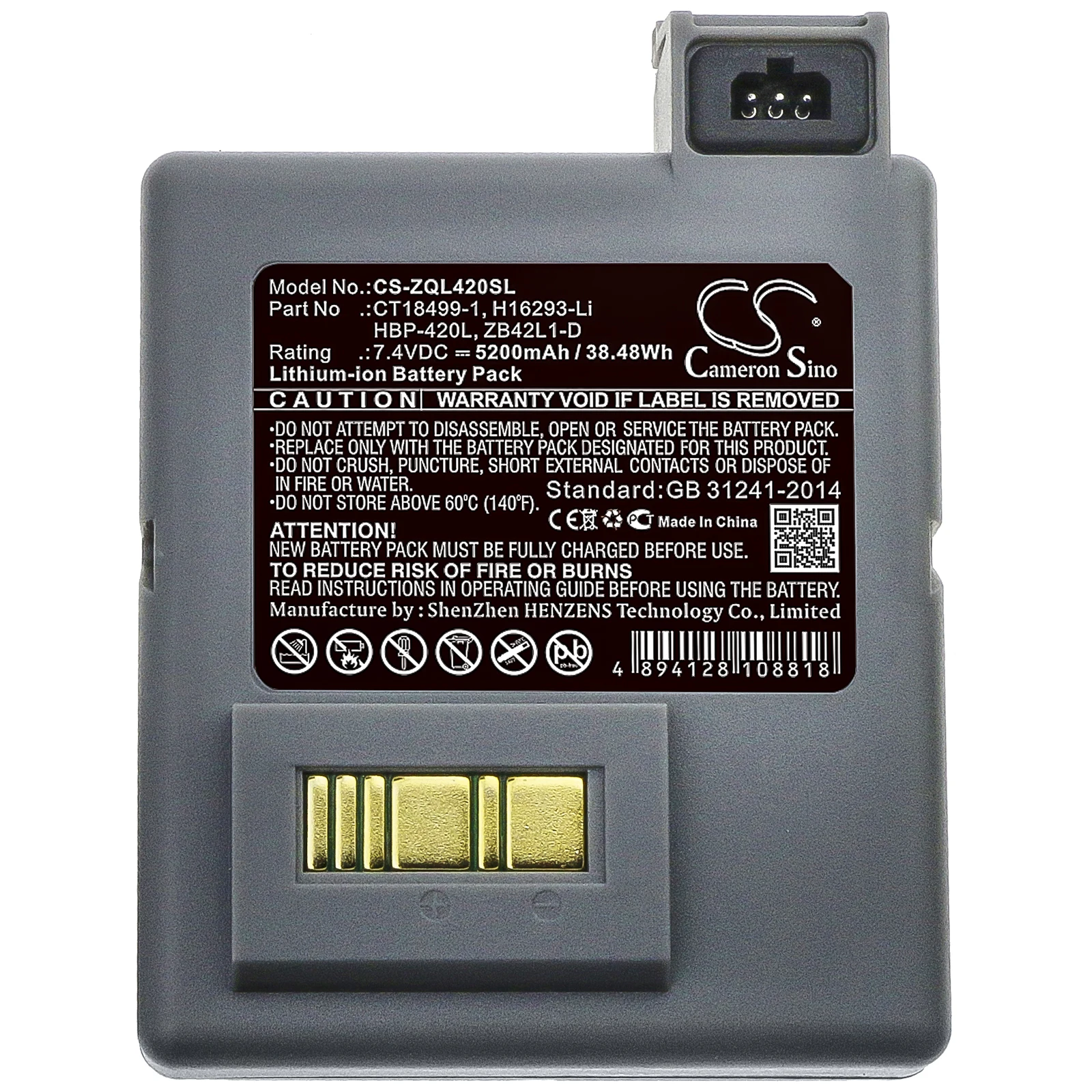 Portable Printer Battery For Zebra CT18499-1 H16293-Li HBP-420L ZB42L1-D P4T RP4T RP4 Capacity 5200mAh / 38.48Wh Color Grey